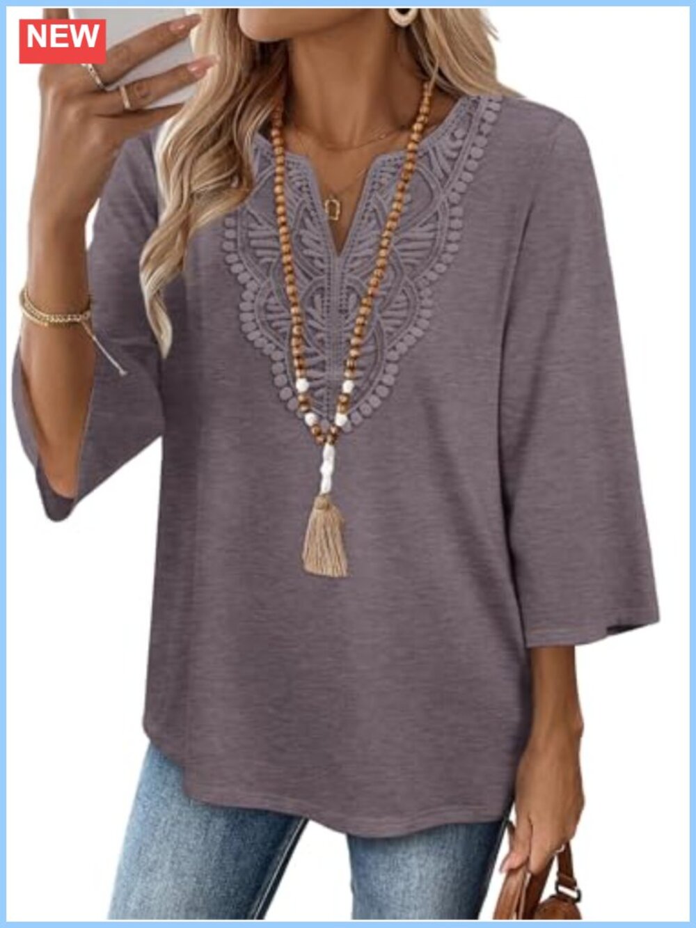 Womens 3/4 Sleeve V Neck Lace Blouse Boho Casual Dressy Top S-3XL